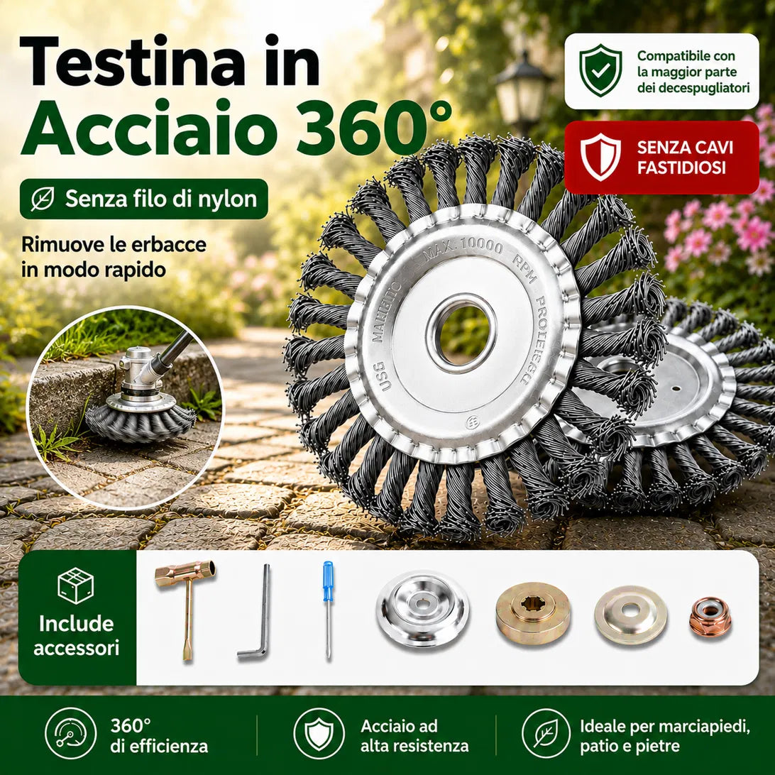 [🎁 7 ACCESSORI INCLUSI] Disco in Filo d’Acciaio per Decespugliatore — Taglio a 360° | Compatibilità Universale