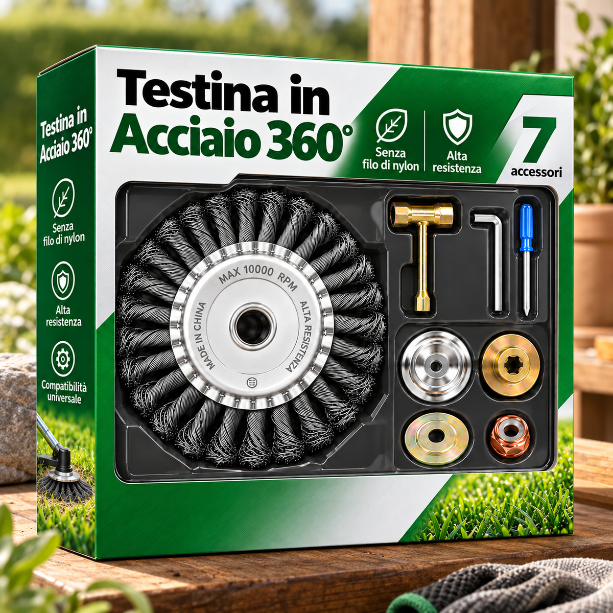 [🎁 7 ACCESSORI INCLUSI] Disco in Filo d’Acciaio per Decespugliatore — Taglio a 360° | Compatibilità Universale