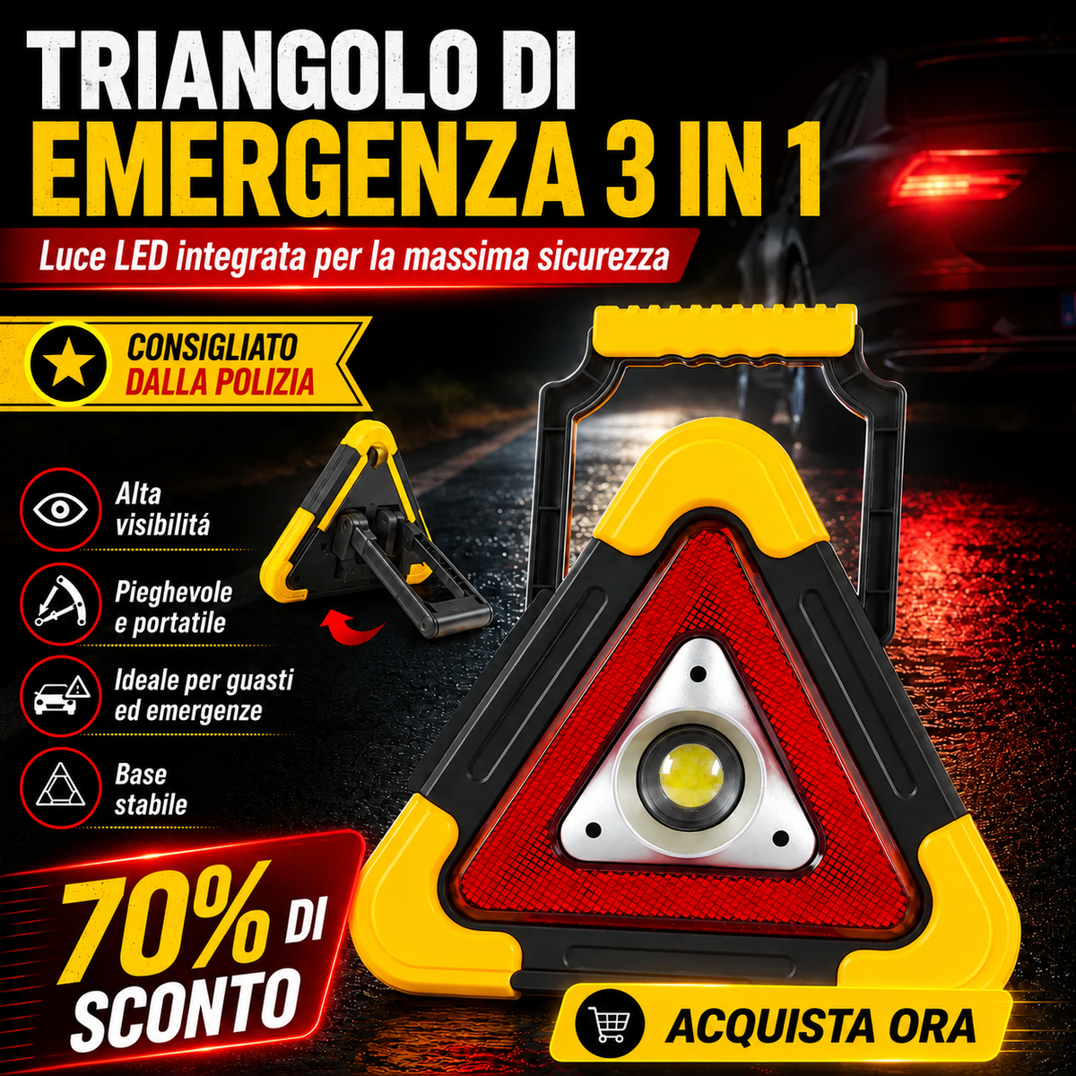 ⚡ SUPER OFFERTA | Triangolo Di Segnalazione Stradale Per Auto Con Luce LED Integrata