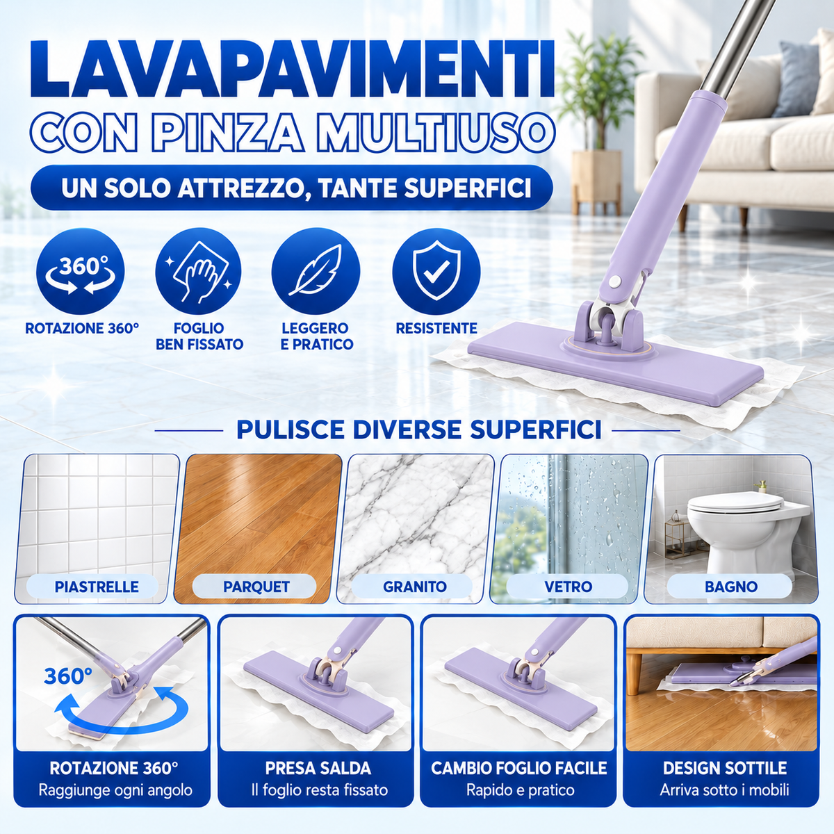 🛍️ Mop con cambio del panno in acciaio inossidabile tedesco