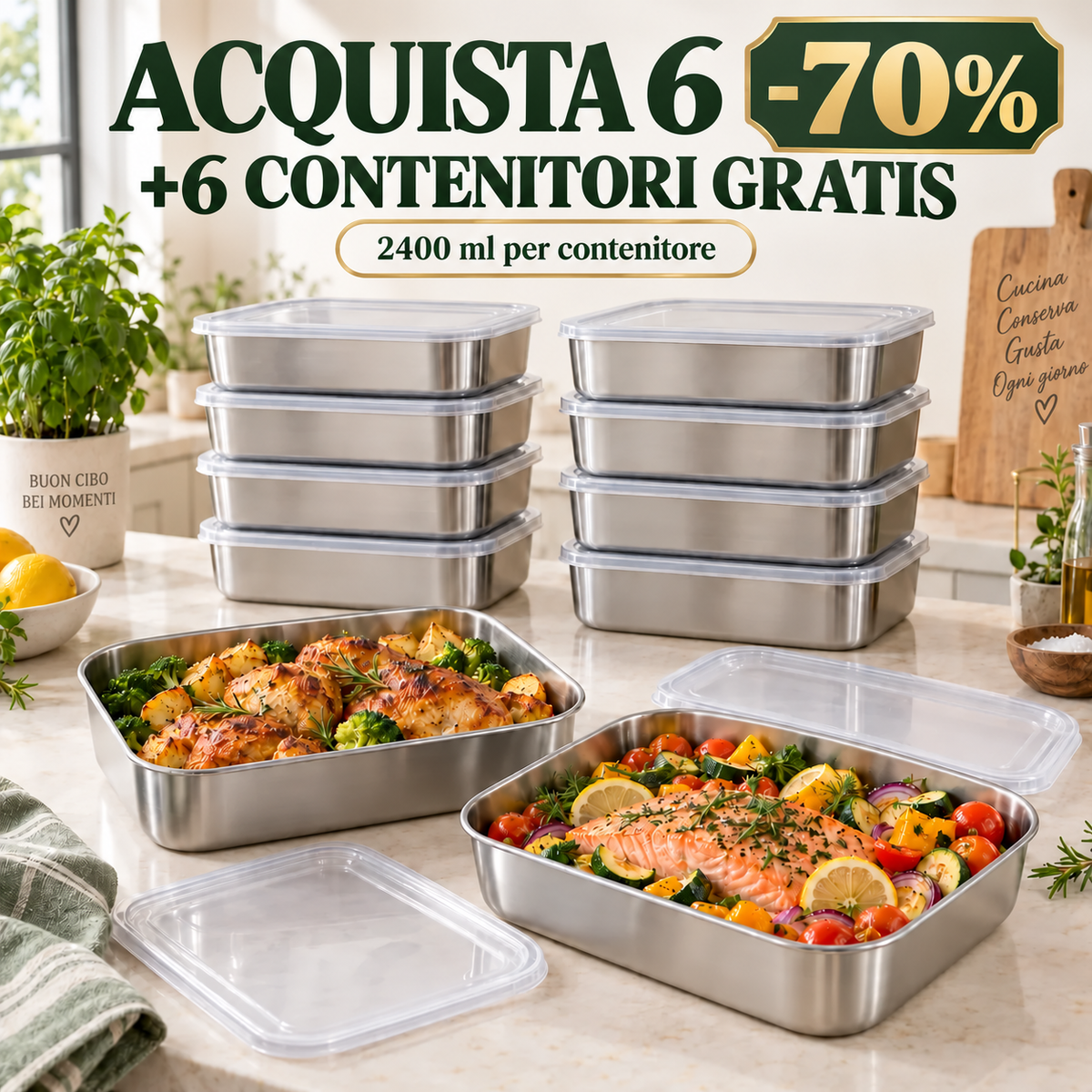70% OFF + 6 GRATIS | Contenitori per alimenti in acciaio inox 304 da 2400 ml