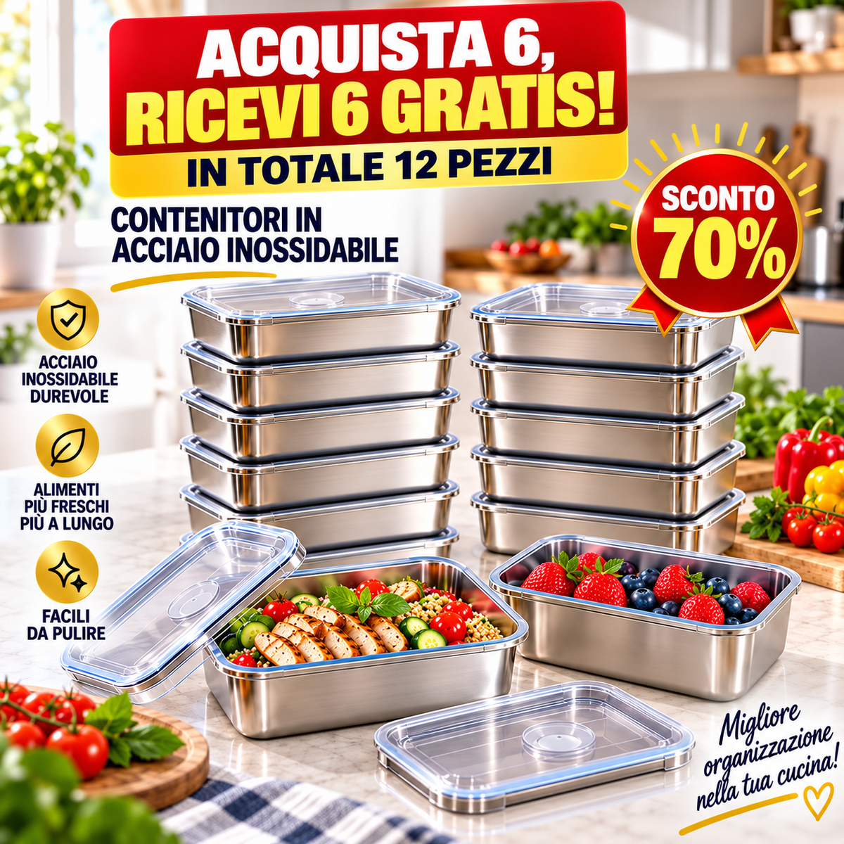 ✨ RICEVI 12, PAGHI SOLO 6! | Contenitori per alimenti in acciaio inox 304 (DIMENSIONE GRANDE - 2400ML)