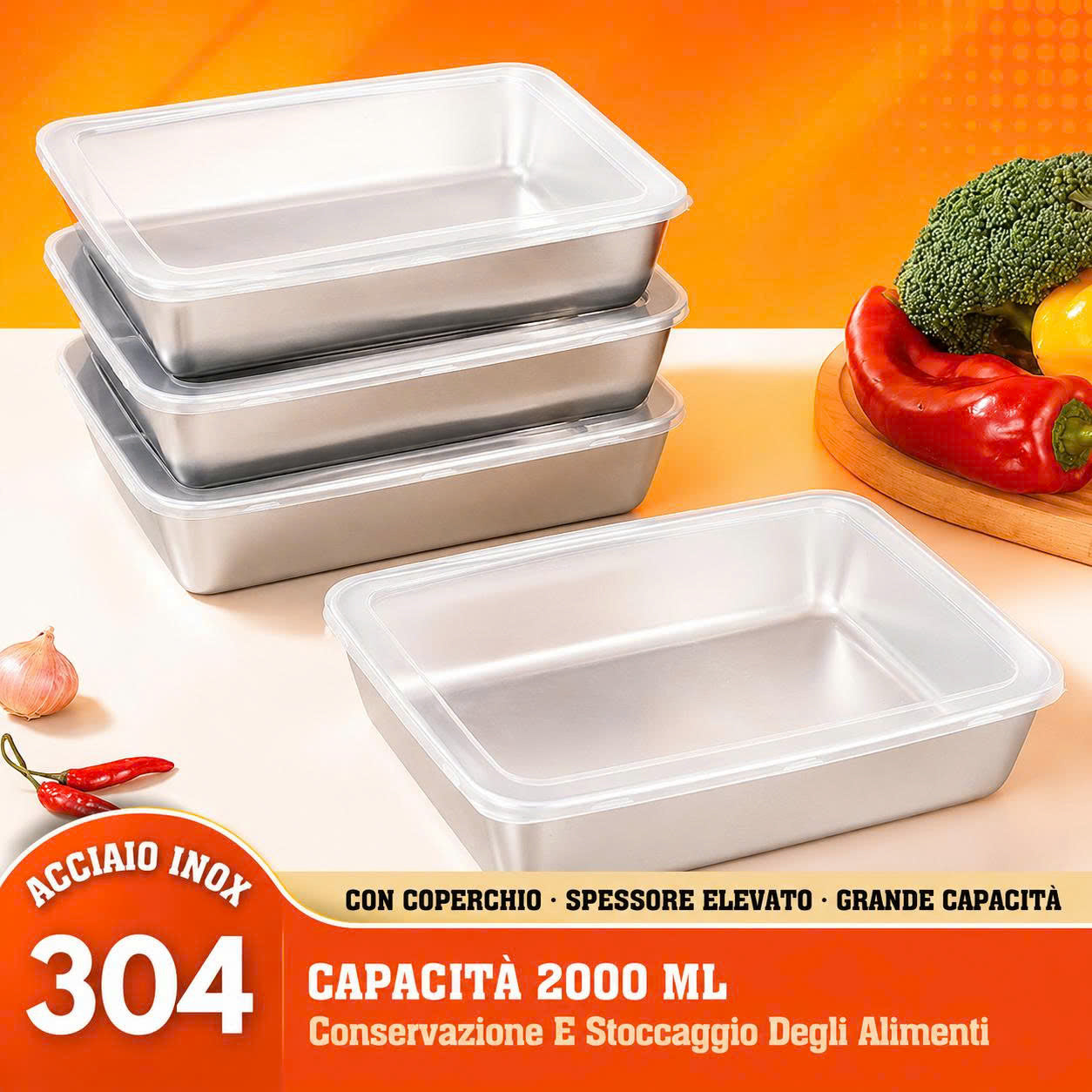 ✨ (8 +🎁4 GRATIS) | Contenitore Per Alimenti Da 2000 ML In Acciaio Inox Tedesco Massiccio 304